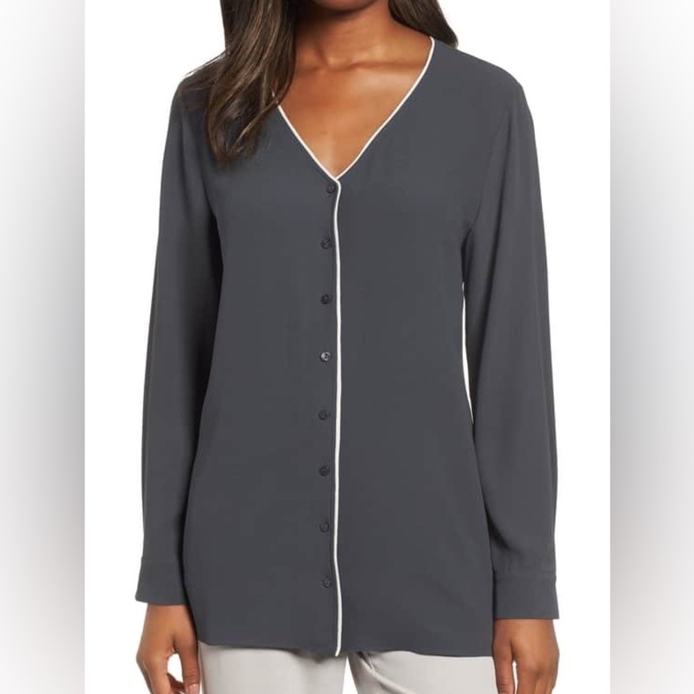Eileen Fisher Gray Blouse with White Piping Relaxed Fit and Minimalist Design